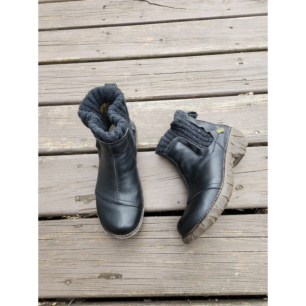 El Naturalista Yggdrasil Boots Black Leather Knit Collar Size 37 Women US 7 - Picture 2 of 8